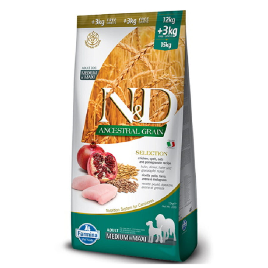 Farmina N & D LG adult dog medium & maxi, chicken, spelt, oats & pomegranate 12 kg + 3 kg