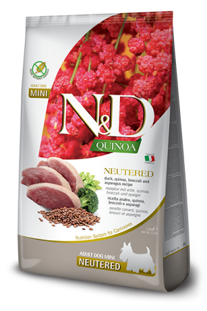 Farmina N&D dog QUINOA (GF) adult mini, neutered, duck, broccoli & asparagus